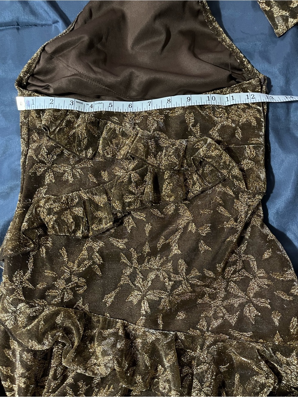 PrettyLittleThing Gold Floral Halter Ruffle Mini Dress - Picture 3 of 7
